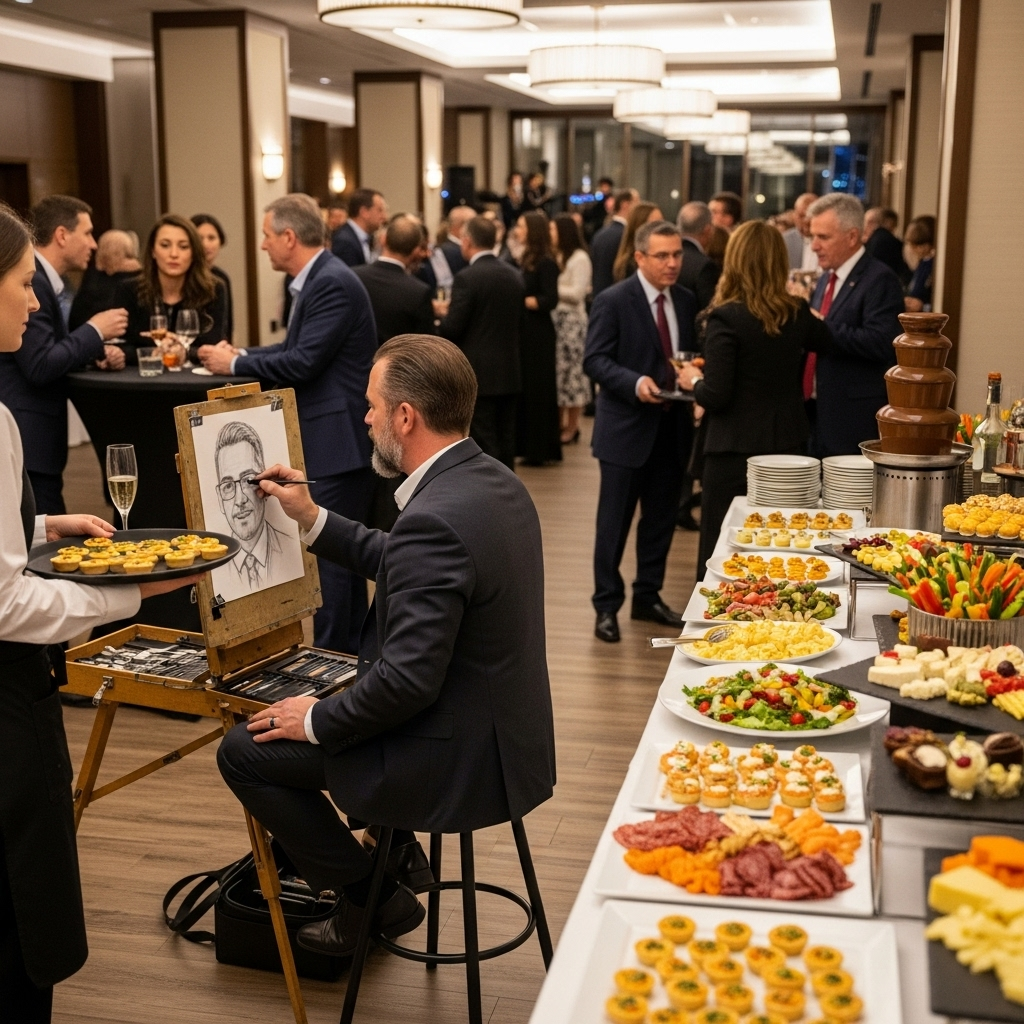 Corporate networking event with guests mingling near a buffet table of appetisers, salads, cheeses, and a chocolate fountain, while an artist creates caricature portraits of attendees.