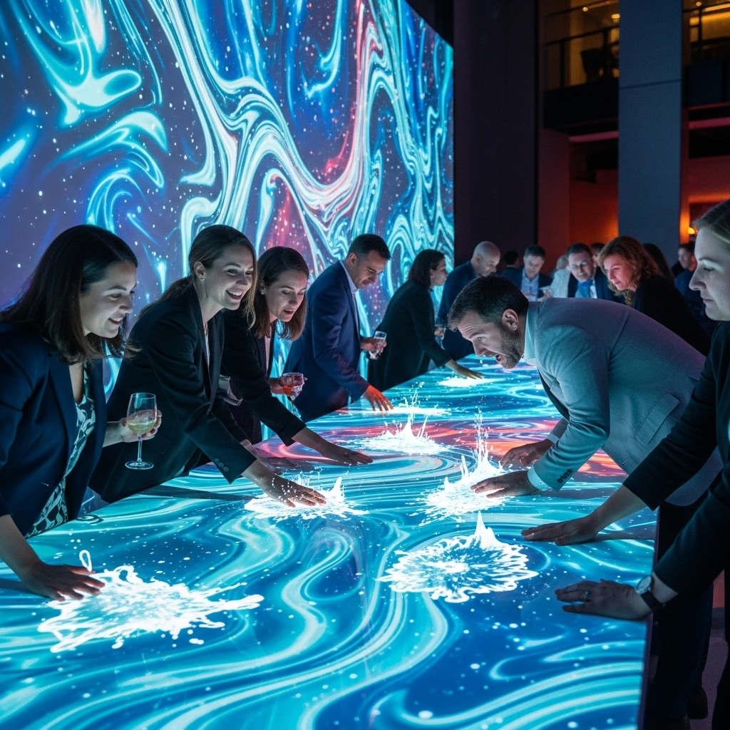 Guests at a corporate event interact with a large digital table featuring swirling, colourful light projections, creating an immersive and engaging experience.