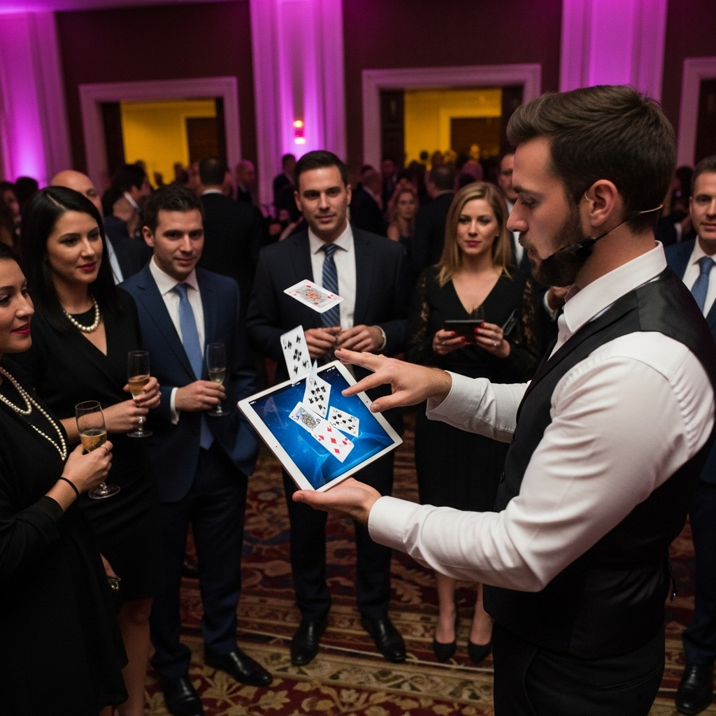 Magician performing a digital card trick using a tablet at a corporate event, surrounded by guests in formal attire watching closely with drinks in hand.