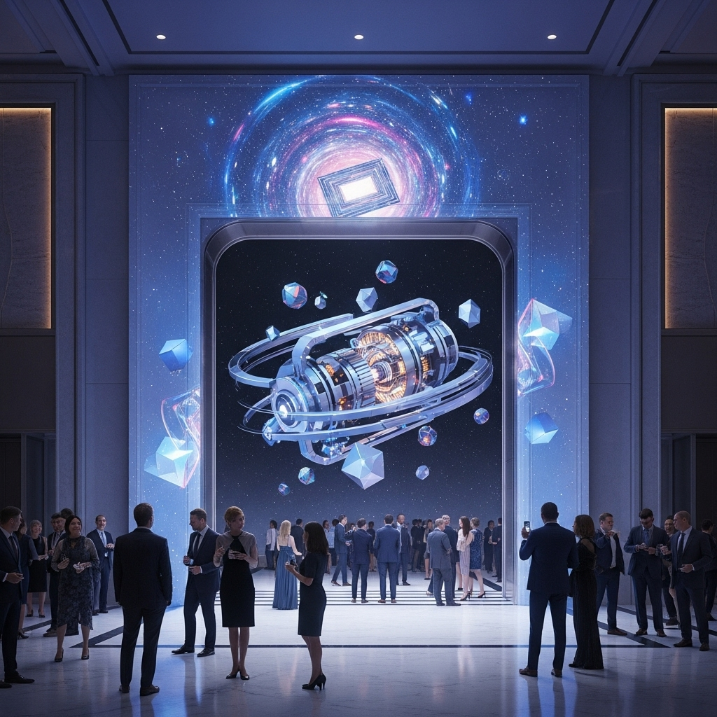 Guests at a formal corporate event gathered in a grand hall with a giant futuristic digital projection of a glowing space-themed installation featuring a rotating mechanism and geometric shapes.