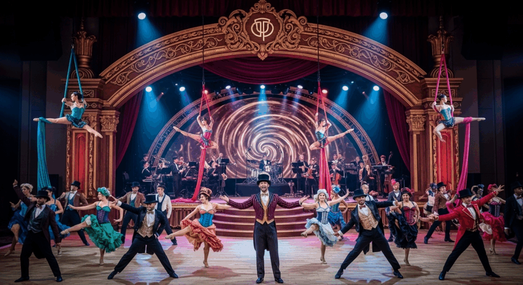 Grand theatrical stage performance with dancers in colourful costumes, aerial silk acrobats, and a live orchestra in the background, set under an ornate arch with dramatic lighting.