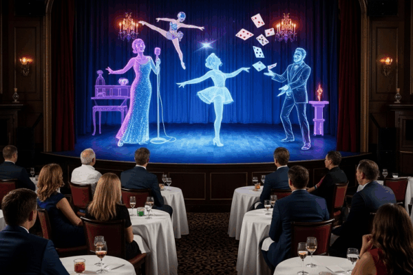 Audience seated at cabaret-style tables watching a holographic stage show featuring neon-style performers, including a singer, ballerina, acrobat, and magician, in an elegant theatre setting.